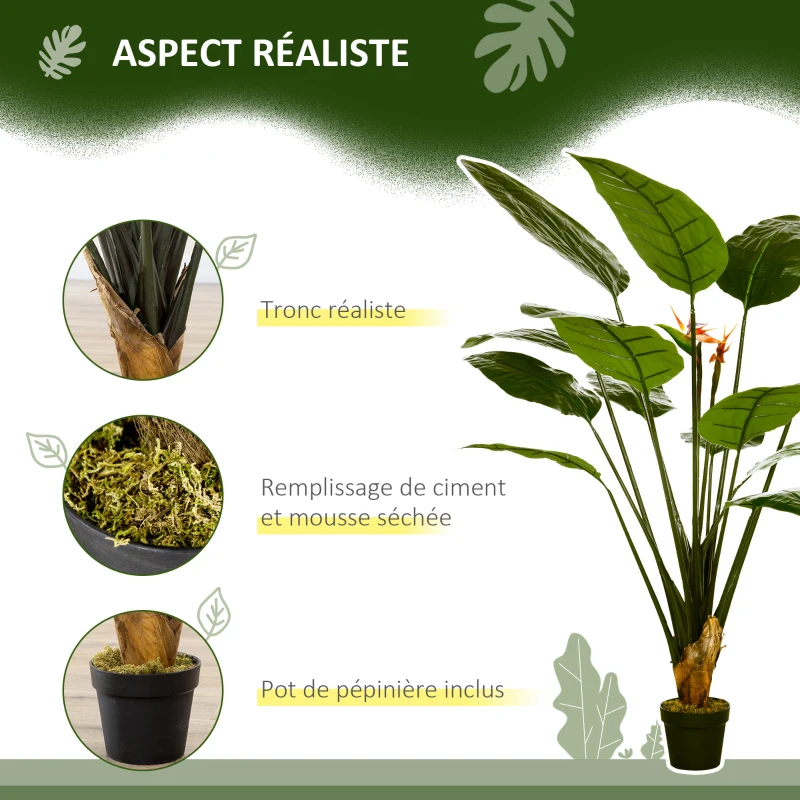 HOMCOM Plante artificielle oiseau de paradis Strelitzia hauteur 1,80 m 13 feuilles et 2 fleurs grand réalisme pot Inclus