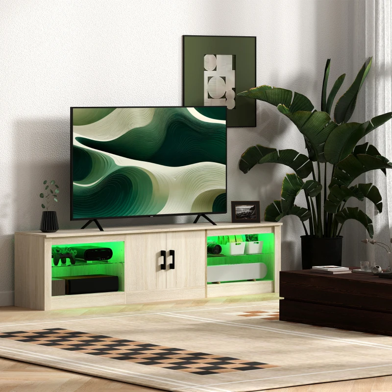 HOMCOM Mueble de TV Moderno Mueble de TV para Salón con Luces LED RGB y Estantes de Vidrio Abiertos 180x35x45 cm Roble