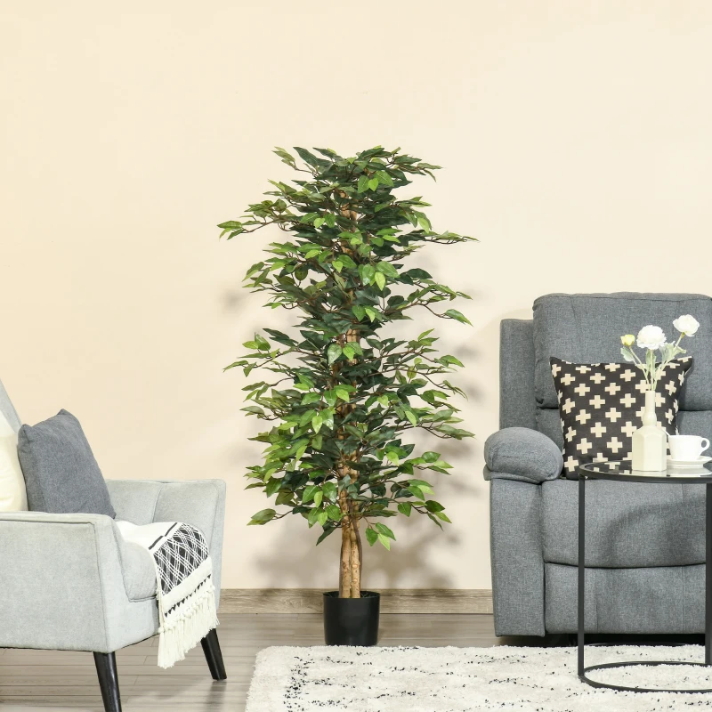 HOMCOM Pianta Finta di Ficus Alta 150cm, Decorazione per Interno ed Esterno con Vaso Incluso