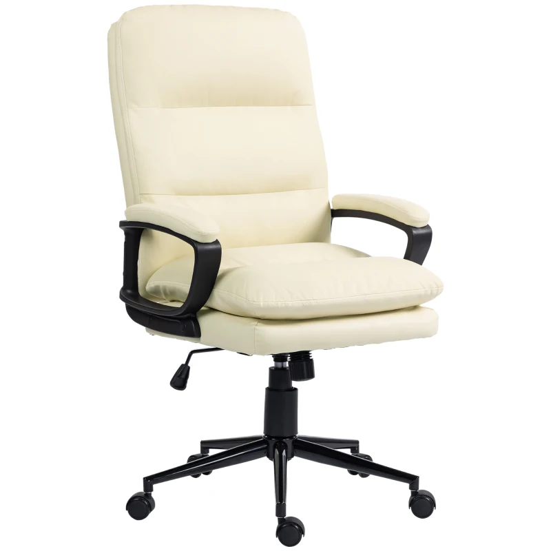 Vinsetto Office Chair, PU Leather Computer Desk Chair Office Chair with Adjustable Height and Swivel Rolling Wheels for Work Study, Cream White