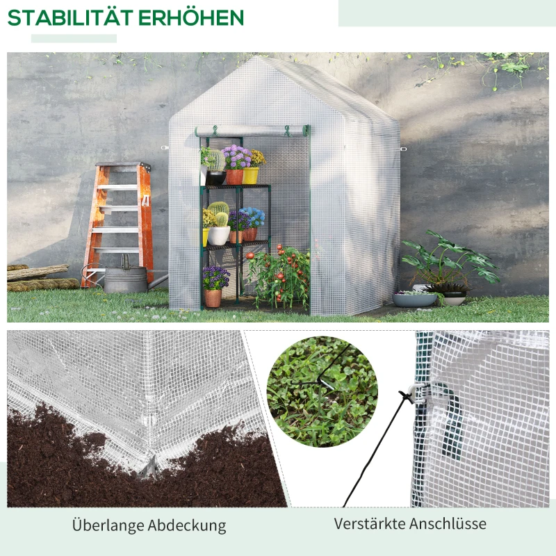 Outsunny Foliengewächshaus begehbares Gewächshaus mit 4 Regalebenen Tomatengewächshaus Treibhaus Frühbeet mit Reißverschlusstüren Weiß Stahl PE-Kunststoff 143 x 143 x 195 cm