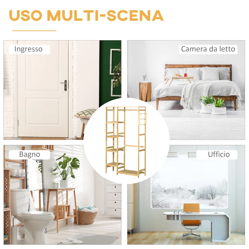 HOMCOM Appendiabiti da Terra in Legno di Bambù, Attaccapanni con Mensole Laterali per Ingresso e Camera da Letto, 90x30x155cm