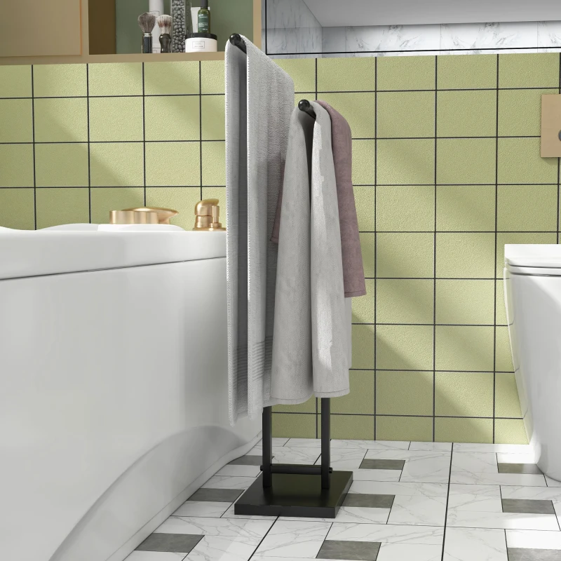 HOMCOM Porte-serviettes sur pied autoportant 2 niveaux en métal pour la salle de bain, dim. 50l x 18,5P x 85H cm, noir