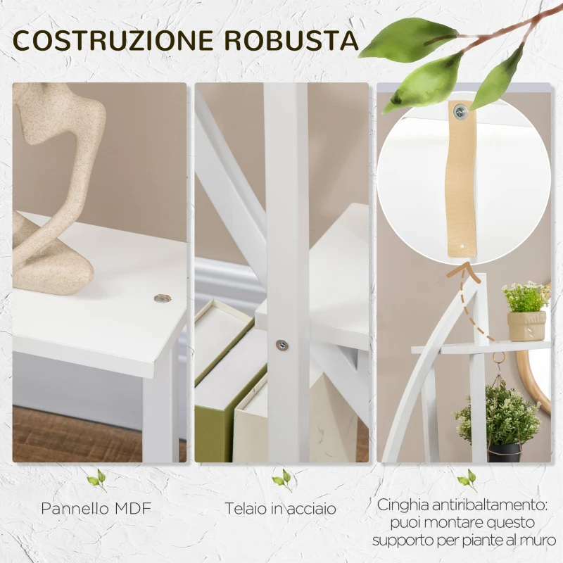Outsunny Portafiori a 5 Livelli a Mezzaluna per Interni ed Esterni in MDF e Acciaio, 50x30x160 cm, Bianco