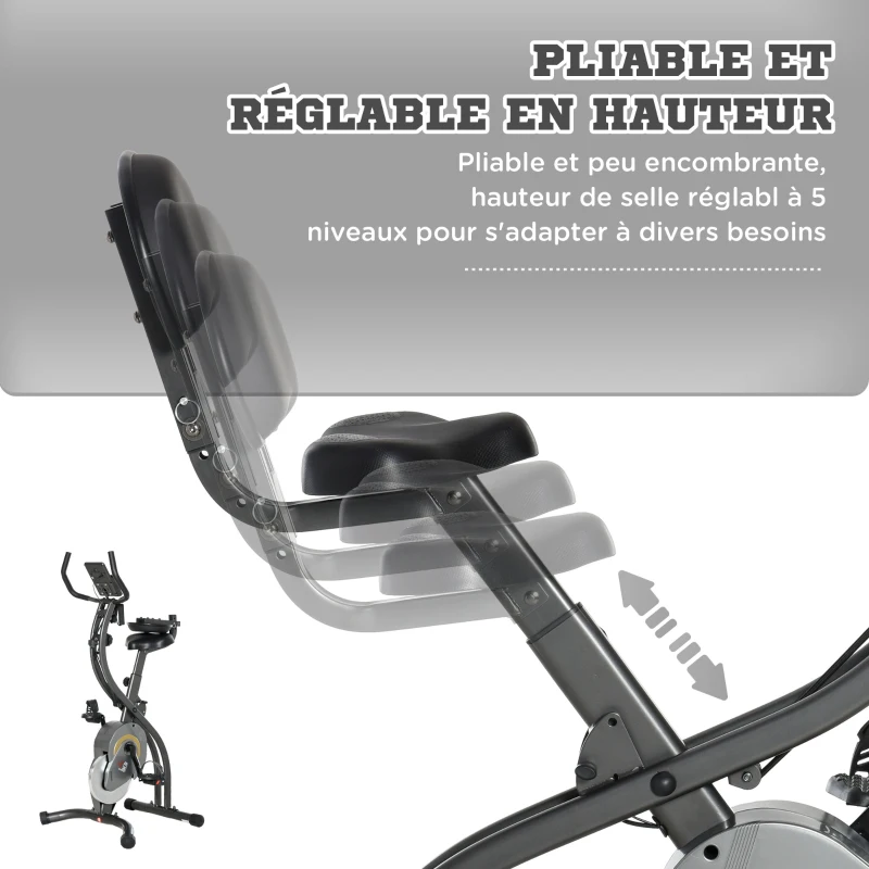 HOMCOM Vélo d'appartement magnetique pliable vélo de Fitness vélo d'intérieur selle réglable dossier guidon écran LCD multifonction bandes résistance acier gris noir