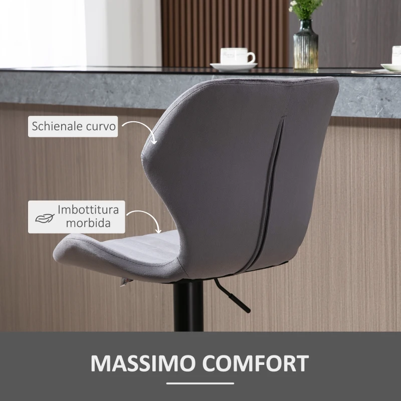 HOMCOM Set 2 Sgabelli da Bar ad Altezza Regolabile con Seduta Ergonomica e Poggiapiedi, Sgabelli Alti in Effetto Velluto e Metallo, 47x51.5x92-114 cm, Grigio