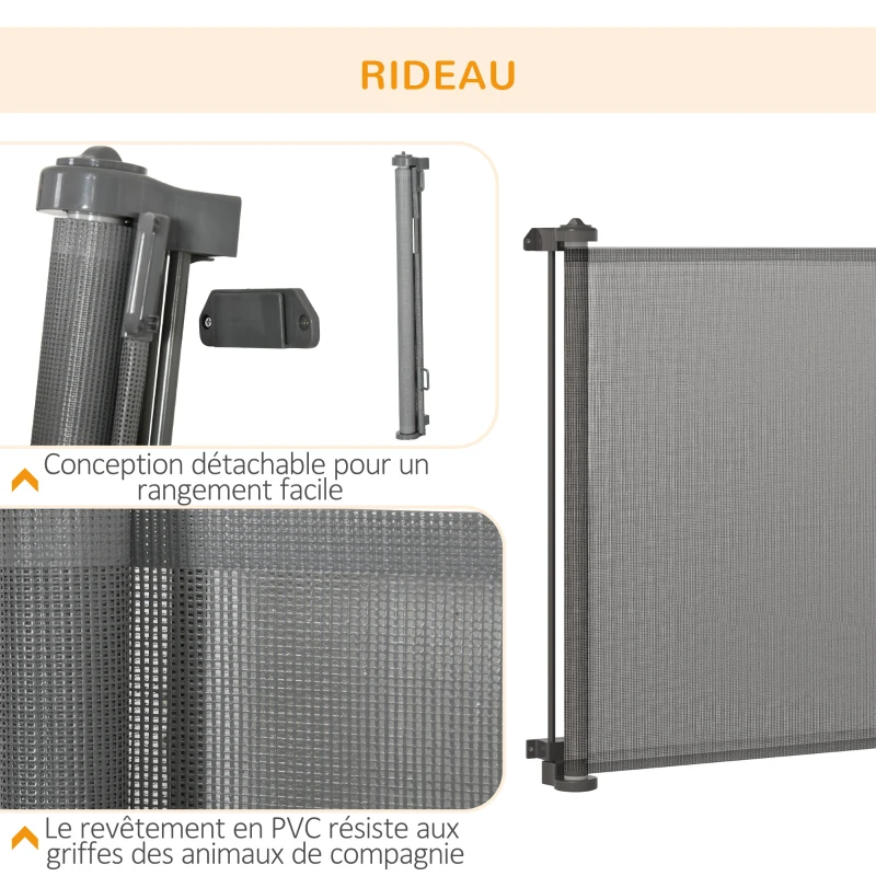 PawHut Barrière escalier chien rétractable opération à une main cadre en alliage d'aluminium tissu mesh 150 x  85 cm gris