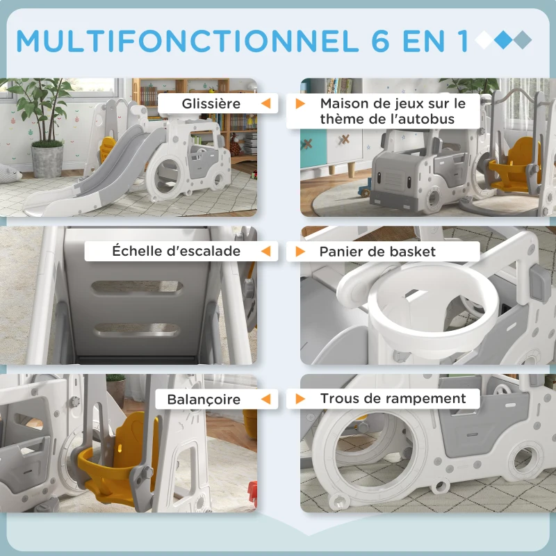AIYAPLAY Portique enfant toboggan balançoire bus avec panier de basket-ball aire de jeux 4 en 1