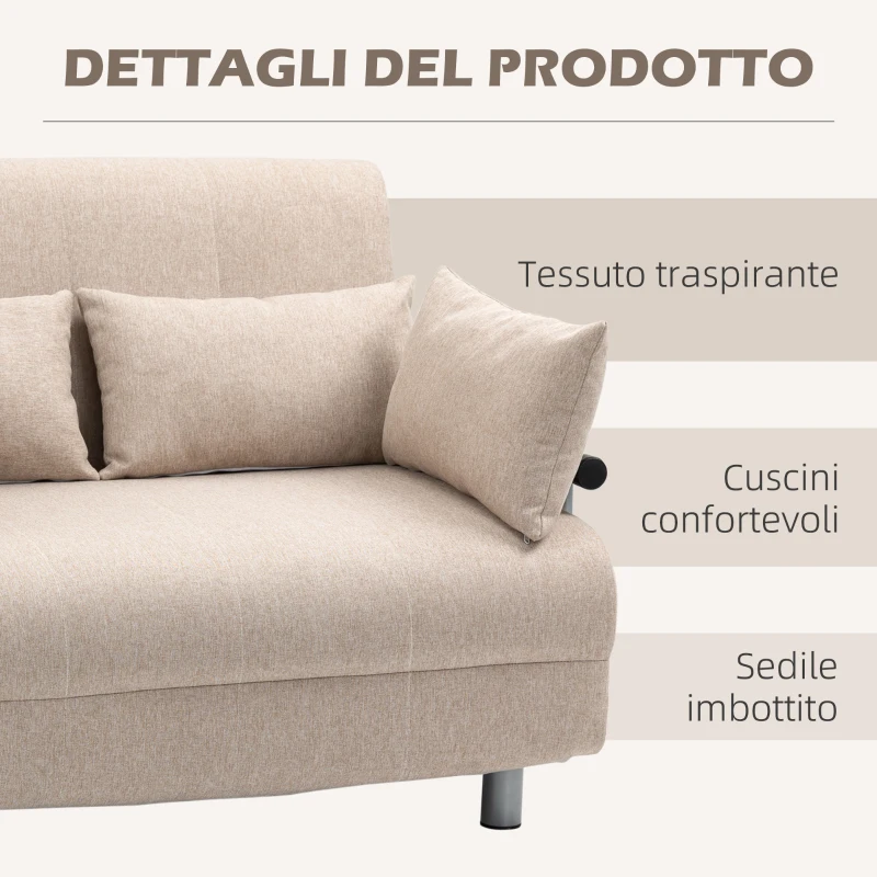 HOMCOM Divano Letto 2 Posti 3 in 1 Convertibile in Poltrona Reclinabile e 4 Cuscini, 102x82x81 cm, Beige
