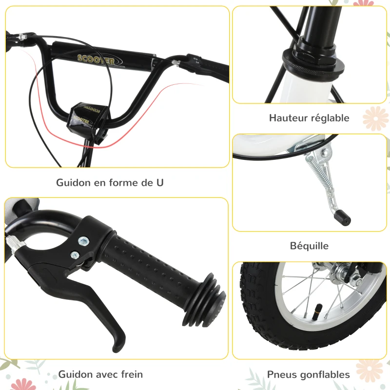 HOMCOM Trottinette enfants, grandes roues pneumatiques 12 pouce en caoutchouc, charge 100 kg, trottinette tout terrain avec double freins, hauteur réglable et béquille latérale, 5 à 12 ans, blanc(m-6)