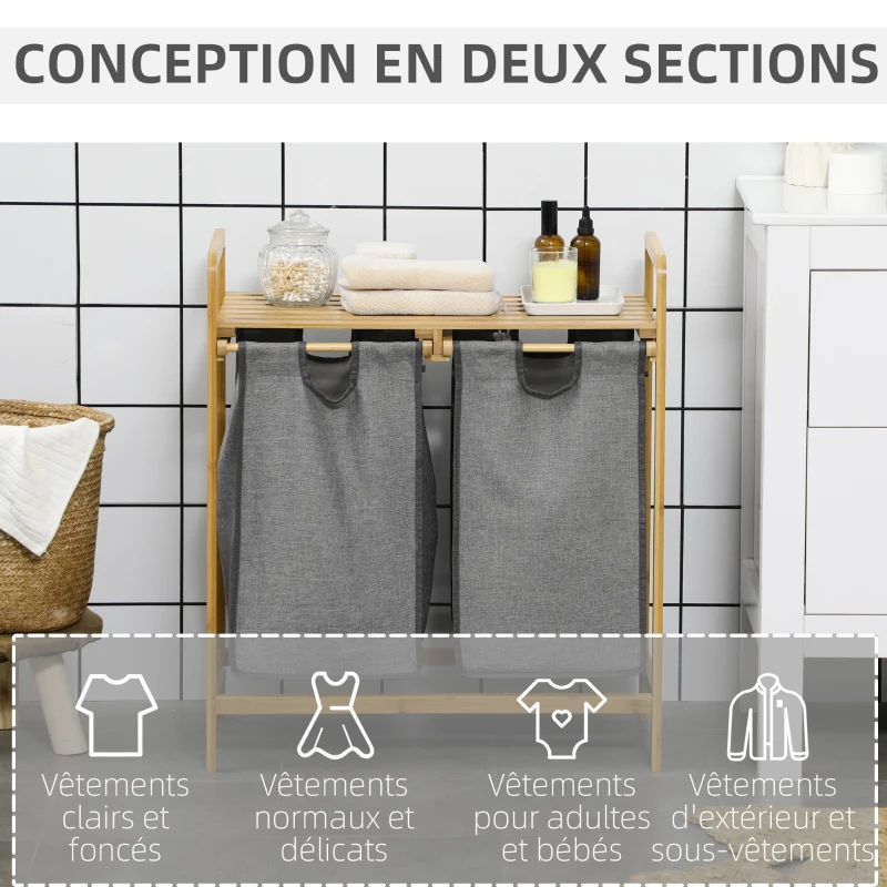 HOMCOM Panier à linge en bambou 2 paniers amovibles et coulissants en non-tissé 63,5 x 33 x 73 cm gris foncé