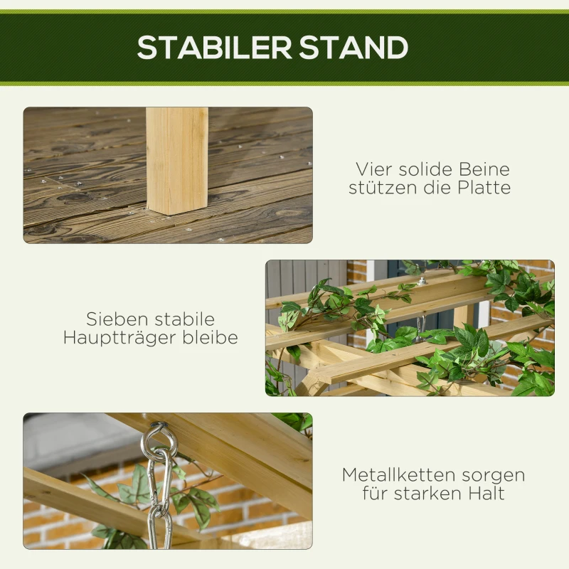 Outsunny Schaukelbank mit Pergola, für 2 Personen, höhenverstellbar, Massivholzrahmen, 2,21 x 1,40 x 1,96 m