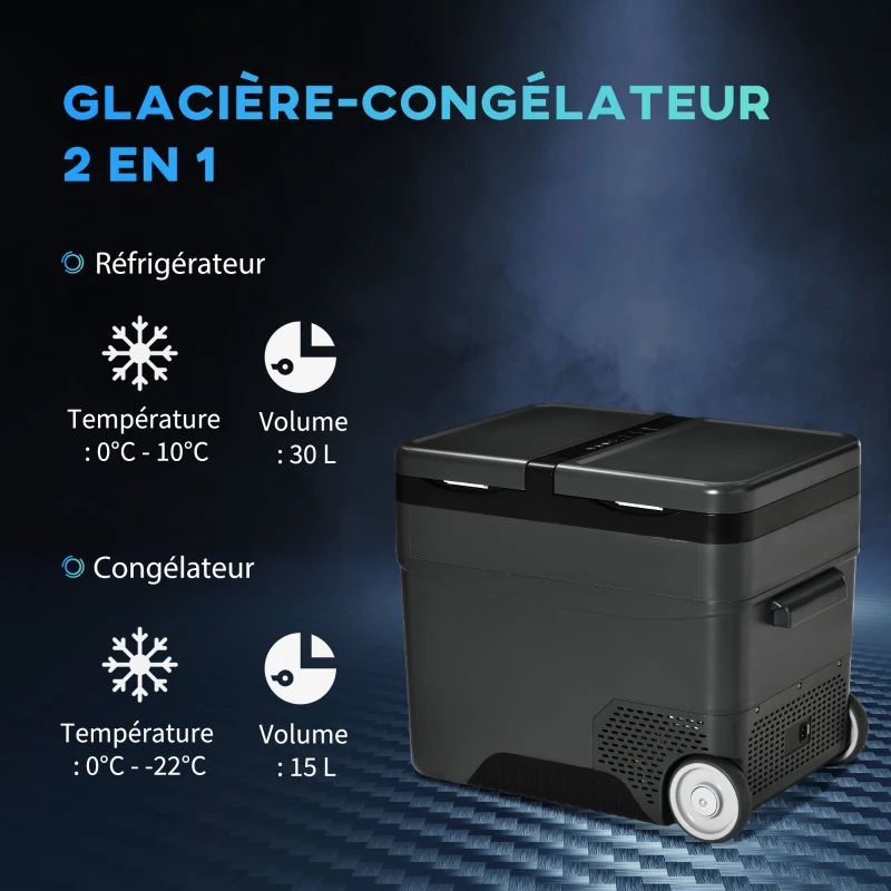 Outsunny Glacière élétrique portable congélateur et réfrigérateur avec 2 zones - contenance 45 L avec roues, poignée télescopique, 12/24 V DC et 110-240 V AC