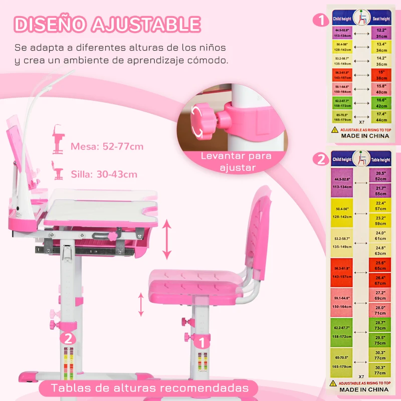 HOMCOM Juego de Escritorio y Silla para Niños de +6 Años Ajustable con Mesa Inclinable Lámpara Cajón y Estante para Libros Rosa