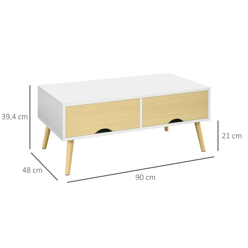 HOMCOM Table basse de salon rectangulaire avec 2 tiroirs et 1 compartiment ouvert 90 x 48 x 39 cm blanc et naturel