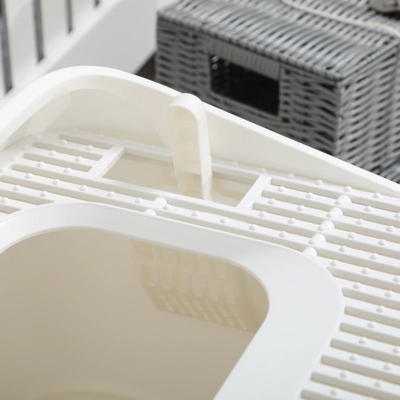 PawHut Katzentoilette mit Abdeckung inkl. Schaufel, Einstieg vorne und oben, Weiß + Grau