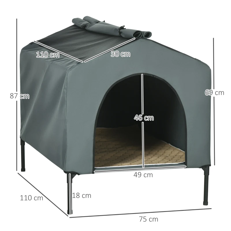 PawHut Caseta para Perros con Cubierta Exterior 110x75x87 cm Cama Elevada para Mascotas con Cojín para Perros Grandes Gris
