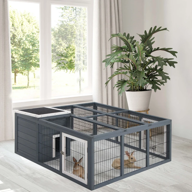PawHut Rabbit Hutch Outdoor, Guinea Pig House, Bunny Run Cage with Openable Top for 1-2 Rabbits, 123 x 120 x 52cm, Grey