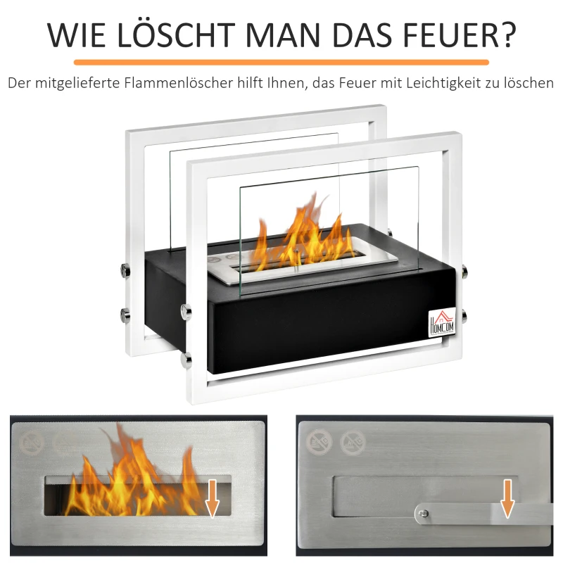 HOMCOM Biokamin Ethanol Kamin Bio Ethanol Brenner 1,5L Brenndauer kein Rauch Metall gehärtetes Glas Schwarz+Weiß 39,5 x 25 x 30 cm