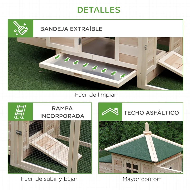 PawHut Gallinero de Madera de Pino Refugio Jaula para Gallinas Pollos Exterior con Caja Nido Bandeja Extraíble y Espacio para Correr 196x76x97 cm Natural