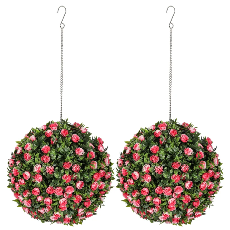 HOMCOM Set of 2 Decorative Artificial Plants, UV-protected Artificial Plant Topiary Rose Balls, Fake Plants for Home Indoor outdoor Decor, 28cm, Pink