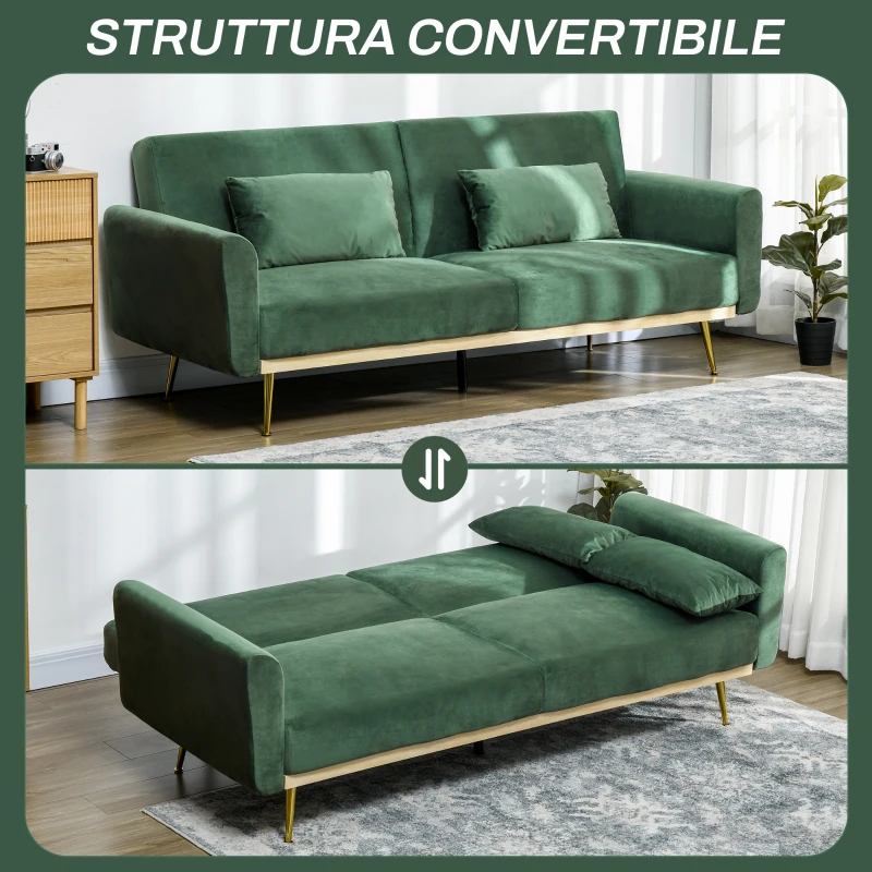 HOMCOM Divano Letto 3 Posti con Design Clic Clac e 2 Cuscini, in Tessuto Effetto Velluto, 206x81x83 cm, Verde