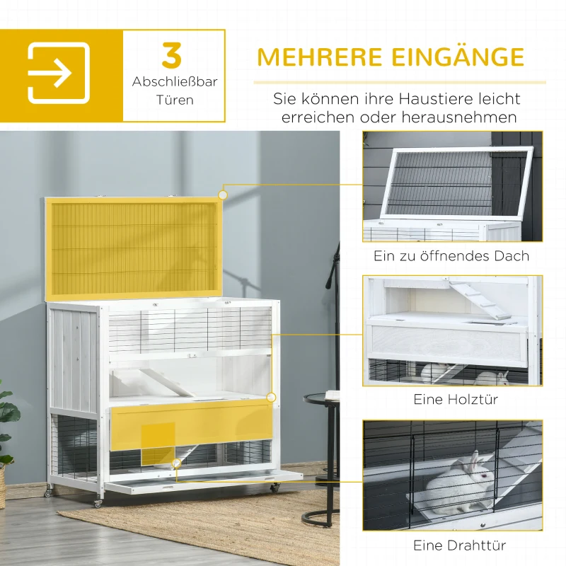 PawHut Kleintierstall mit Rädern 2 Ebenen Tannenholz Weiß