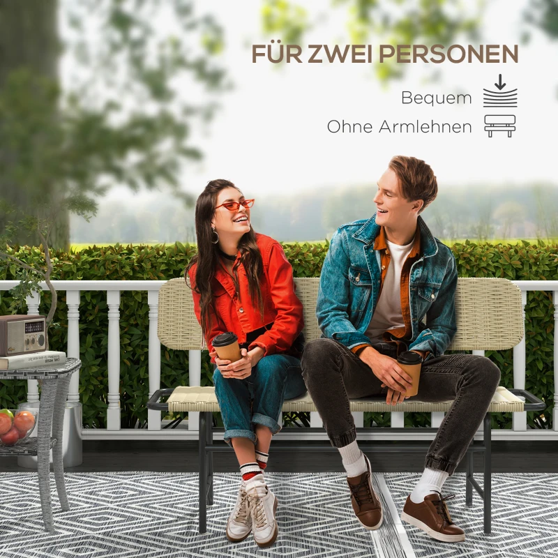 Outsunny Outdoor Bank für 2 Personen, Kunstrattan, rostfreier Metallrahmen, 132 x 66 x 80 cm, Khaki
