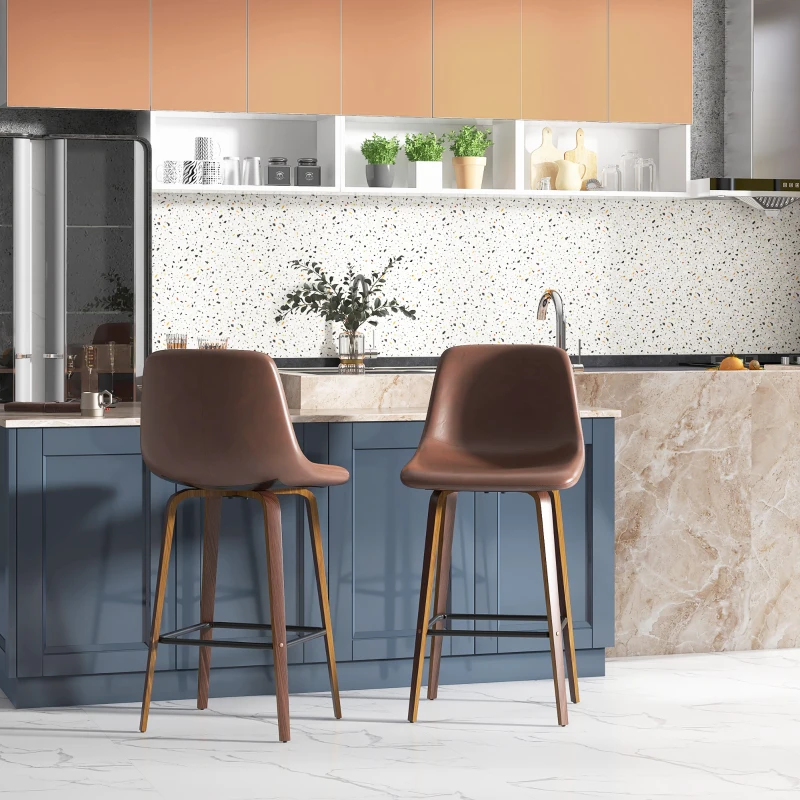 HOMCOM Bar Stools Set of 2, Breakfast Bar Chairs, PU Leather Upholstered Kitchen Stools with Backs and Wood Legs, Brown