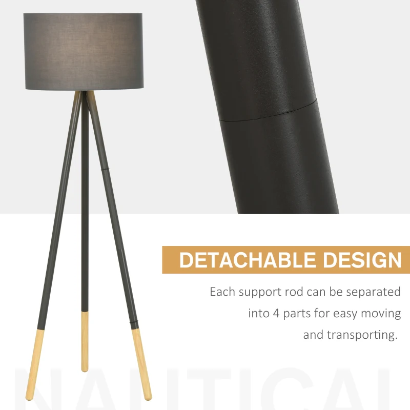 HOMCOM 153cm Steel Tripod Floor Lamp w/ Fabric Lampshade Foot Switch, Land Lamp Office Bedroom Modern Grey