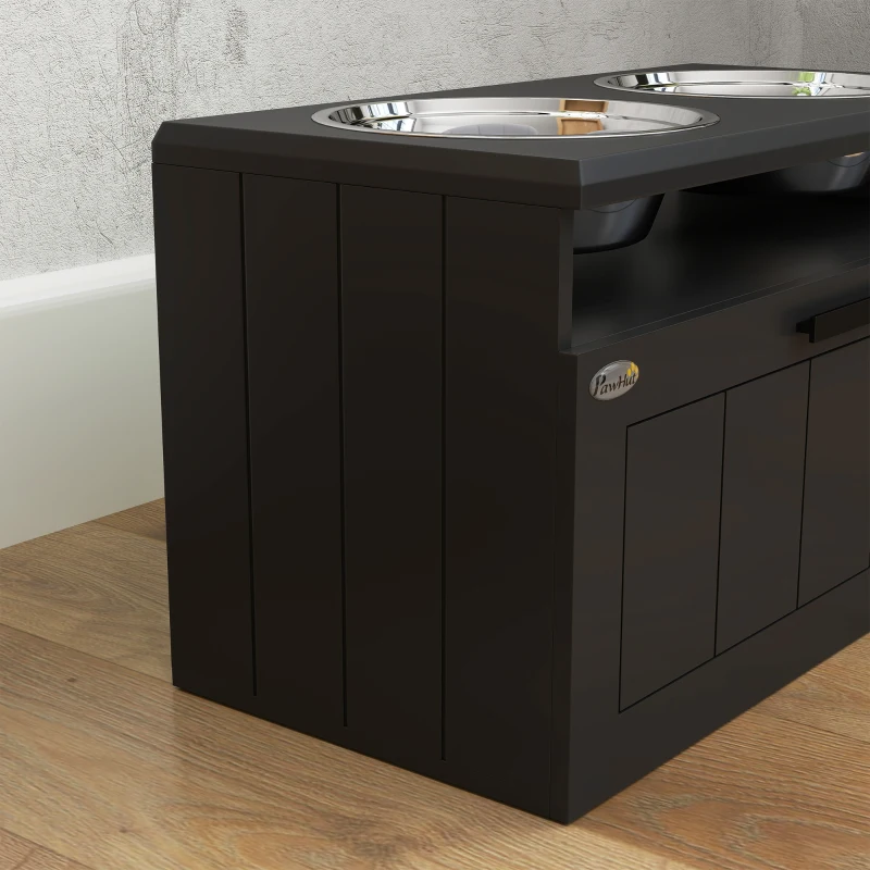 PawHut Raised Dog Bowl with Slow Feeder, Two Stainless Steel Dog Bowls, Drawer, for Large and Extra Large Dogs, Black