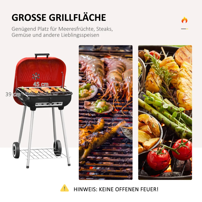 Outsunny Holzkohlegrill Grillwagen Kugelgrill auf Rollen Ablage mit Deckel BBQ Metall Rot 48 x 52,5 x 79,5cm