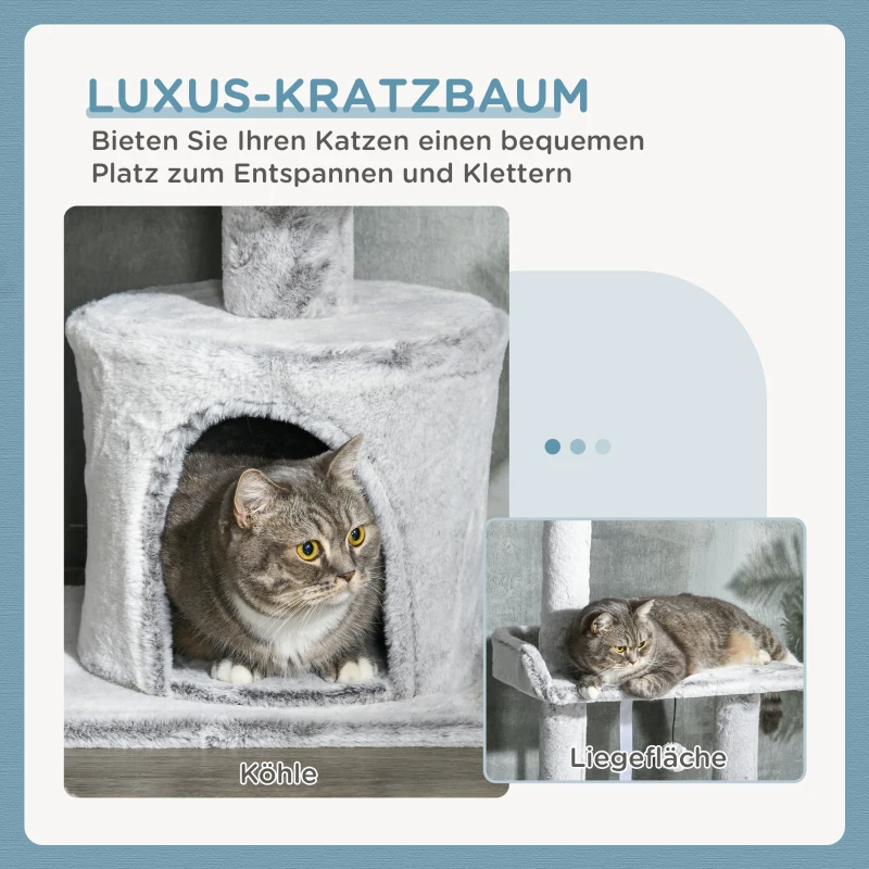 PawHut Deckenhoher Kratzbaum, variable Höhe 2,25-2,55 m, 6 Etagen, Sitzplattformen, Kippschutz, hellgrau