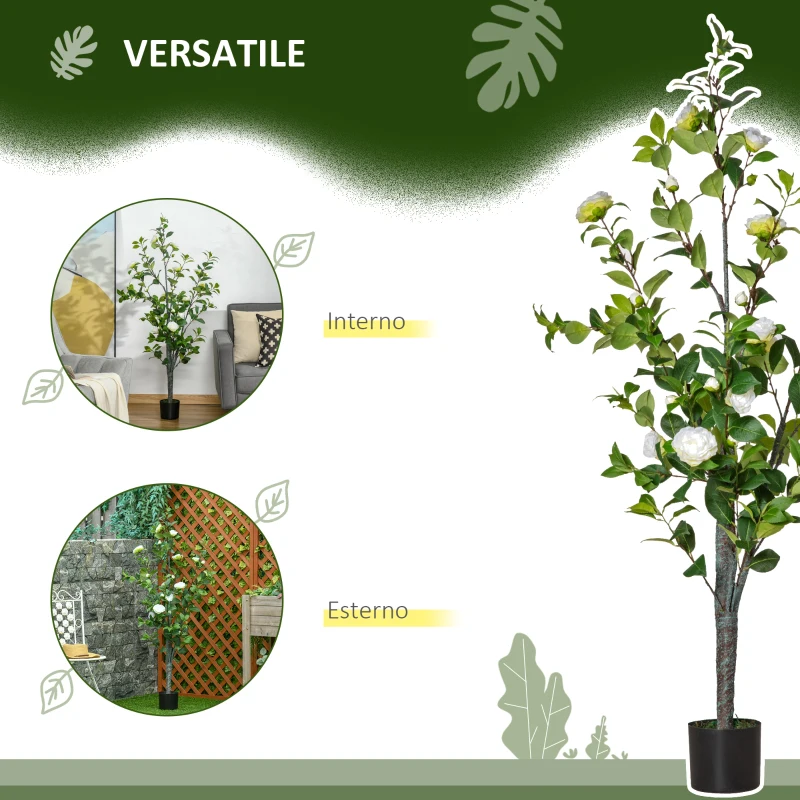HOMCOM Pianta Finta Albero Camelia con Vaso e 25 Fiori per Interno ed Esterno, Altezza 150cm