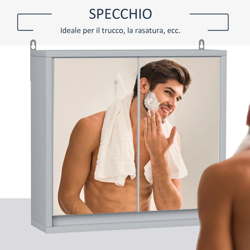 HOMCOM Armadietto Bagno con Specchio a 2 Ante, Specchio Bagno Contenitore con Ripiano Regolabile in Legno, 48x14.5x45cm, Grigio