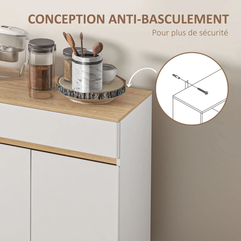 HOMCOM Buffet meuble de rangement cuisine style scandinave 1 placard double porte 1 tiroir et 4 niches étagères réglables blanc