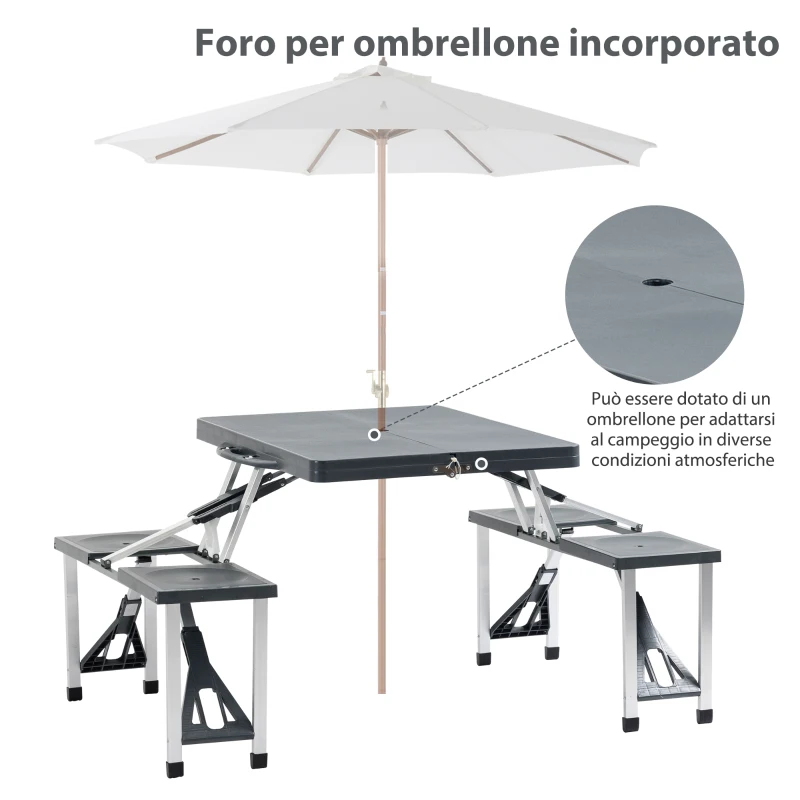 Outsunny Tavolo da Pic Nic con Sedie Integrate, Pieghevole e Richiudibile a Valigetta, Alluminio e Plastica