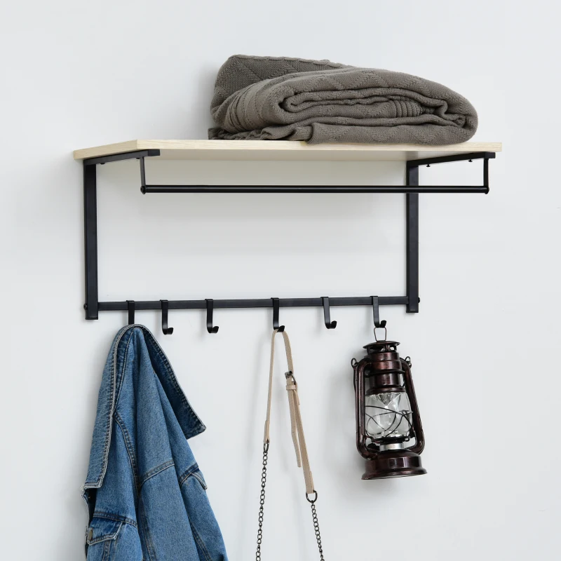 HOMCOM Mueble Recibidor Set de Zapatero y Perchero Montado en la Pared con 6 Ganchos y Plataforma para Entrada o Pasillo 75x30x45 cm Negro y Madera