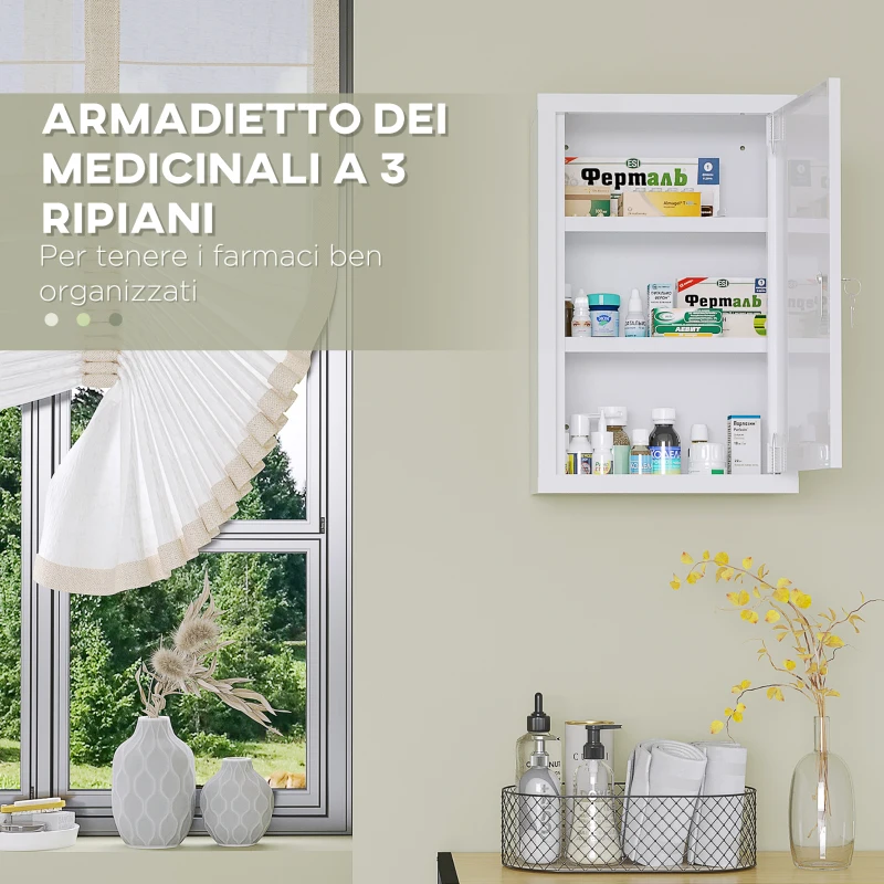 kleankin Armadietto Medicinali a 3 Ripiani in Acciaio Inox con 2 Chiavi e Montaggio a Parete, 30x14x46 cm, Bianco