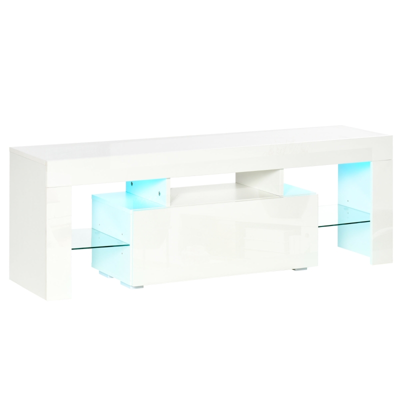 HOMCOM Mueble de TV Moderno Mesa para TV de Salón para Televisión con Luces LED con Mando a Distancia Estantes de Cristal Ajustables y Cajón 130x35x45 cm Blanco Brillante