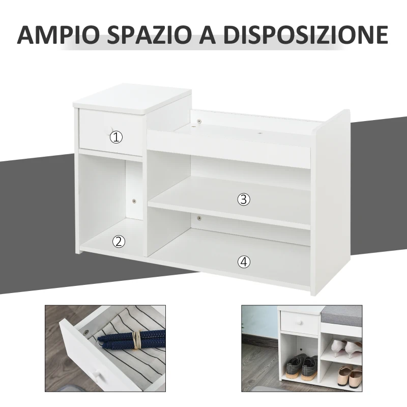 HOMCOM Panca Scarpiera con Cuscino, Cassetto e 3 Vani Aperti in Legno, 81x31.5x49cm, Bianco