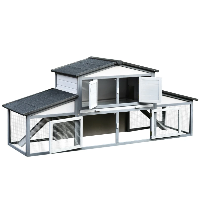 PawHut Conigliera da Esterno in Legno e Metallo, Gabbia per 2-3 Conigli o Roditori, Grigia e Bianca 225x70x100cm