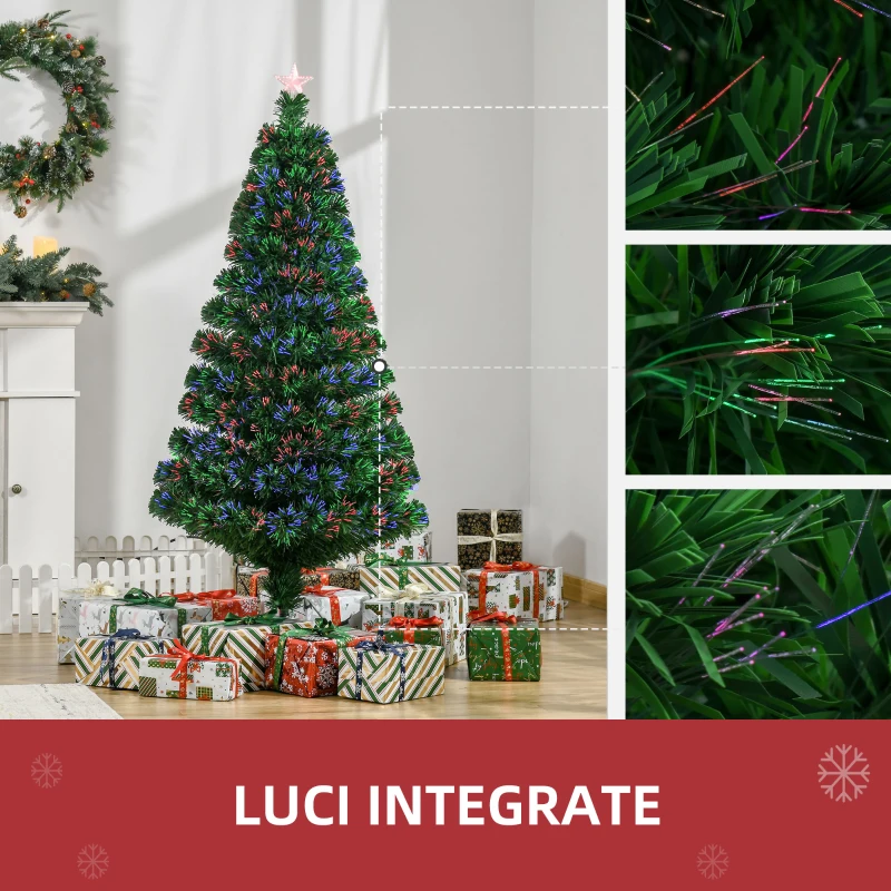 HOMCOM Albero di Natale Artificiale 120cm con Fibre Ottiche e Luci LED, Albero di Natale Luminoso con 130 Rami, Verde