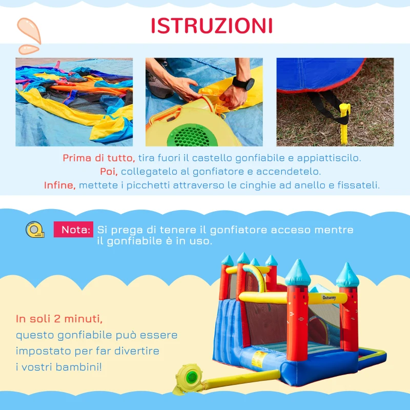 Outsunny Castello Gonfiabile 4 in 1 per Bimbi 3-8 Anni con Scivolo e Piscina, 290x270x230cm