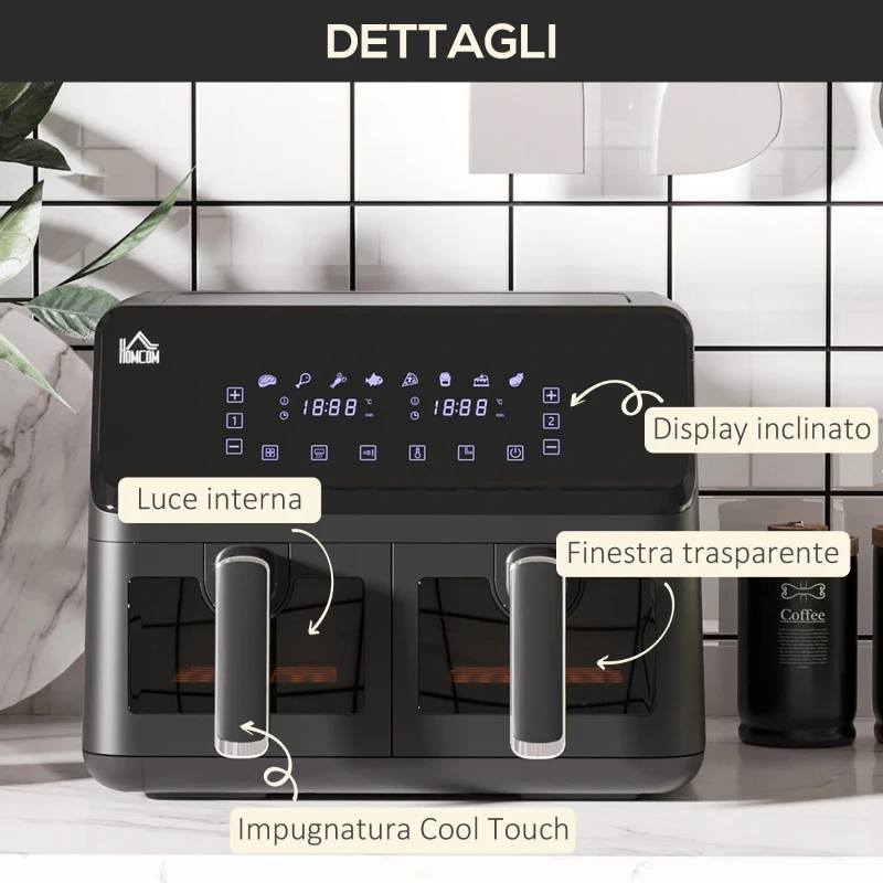 HOMCOM Friggitrice ad Aria con 2 Cestelli Indipendenti e 8 Menù, in Acciaio e PP, 38.5x38x30.5 cm, Nero