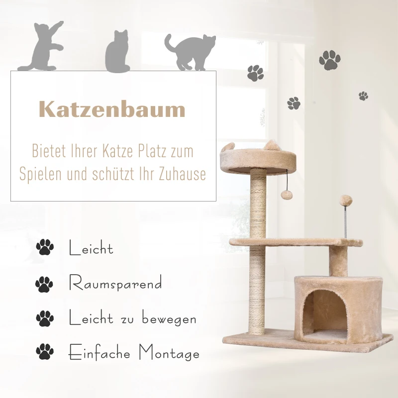 PawHut Katzenbaum mit Hängebett, 3-Stock Kratzbaum, Katzenhöhle, Katzenhaus mit Spielbällen, mit Sisalsäule und Kratzbrett, Plüsch Beige 60 x 40 x 81 cm