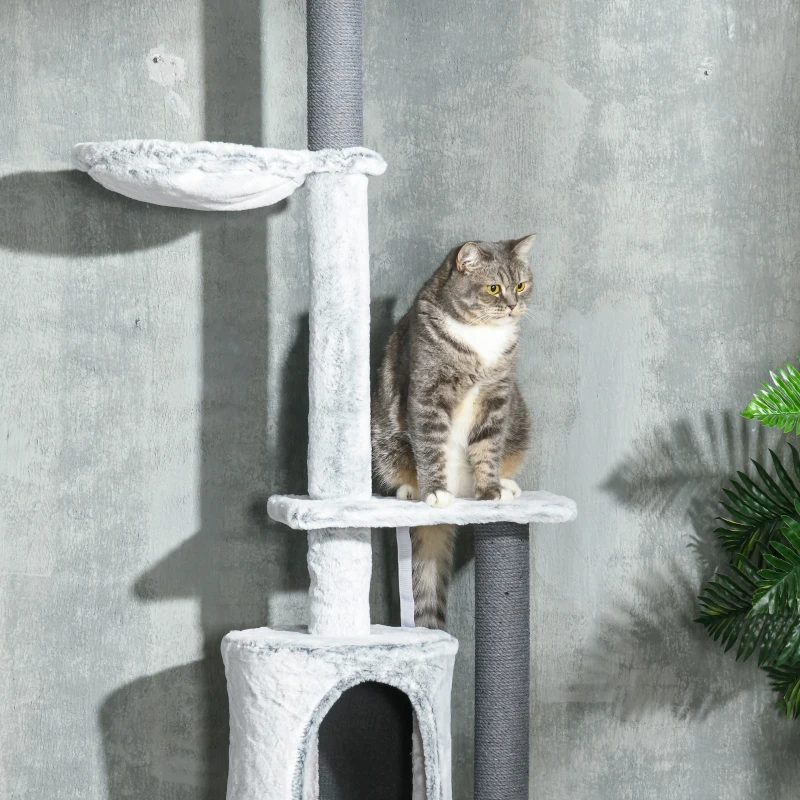 PawHut Kratzbaum mit Deckenspanner, Hängematte, Haus, Plattformen, Spielball, 225-255cm, Grau