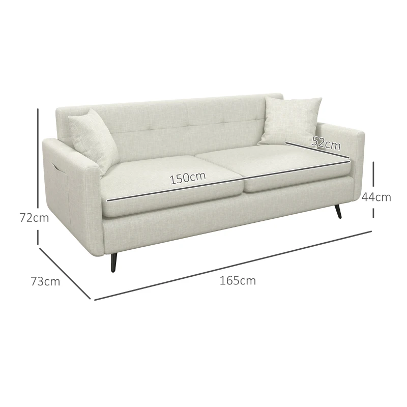 HOMCOM 3-Sitzer Sofa, 2 Seitentaschen, Kissen, Stahlrahmen, bis 250 kg, 165x73x72 cm, Beige