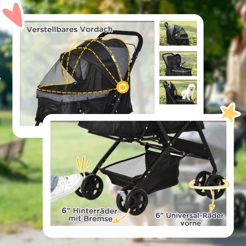 PawHut Hundebuggy Hundewagen Buggy für kleine Hunde und Katzen Haustierwagen Pet Stroller Katzenbuggy Oxford Schwarz 76,5 x 52 x 95 cm(m-6)