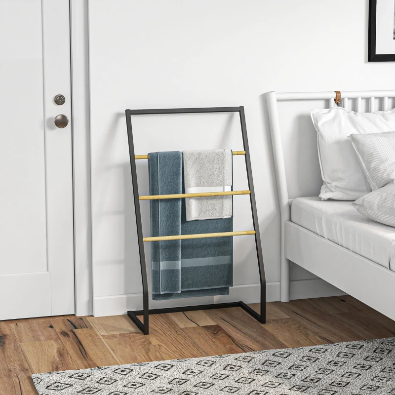HOMCOM Portasciugamani a 4 Sbarre in Acciaio e Bambù, 60x35x102 cm, Nero e color Legno